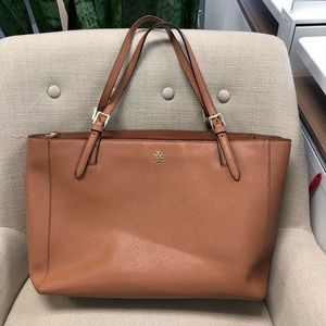 Tory Burch Camel “York” Buckle Saffiano Tote
